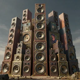 highly detailed surreal vfx portrait of a 3 d landscape of stacks of recursive speakers, polyphonic ecstacy, ornate, hyperrealistic, octane render, chiaroscuro, inspired by james jean, android jones, beeple, rhads, alphonse mucha, frostbite 3 engine
