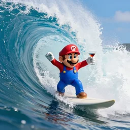 head on medium view of mario surfing while holding a martini in one hand, surfing inside the tube of a very large wave that's about to collapse. highly detailed, professional high quality 4 k, action shot, dramatic lighting, unreal, cinematic, photorealistic, 3 d render