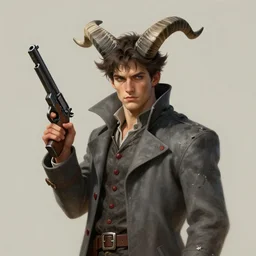 a triple a game concept art of a handsome young man with large curved backward imp horns on a head in tattered slate - gray collared coat with red buttons holding a gun, black and white striped horns, art by cushart krentz and greg rutkowski, elegant, morandi color scheme, 8 k resolution, octane render, commission art
