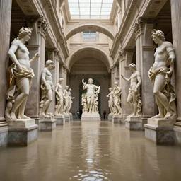 photo of flooded infinite halls with many huge sculptures piranessi