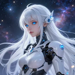 photo of a android girl on a mothership, warframe armor, beautiful face, scifi, nebula, futuristic background, galaxy, raytracing, dreamy, focused, sparks of light, complex, long white hair, blue cyborg eyes, smooth, 8 k high definition, insanely detailed, intricate, innocent, art by akihiko yoshida, antilous chao, woo kim