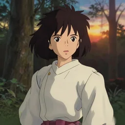 portrait of yui aragaki, forest background, shallow depth of field, cloth, princess mononoke, 4 k, greg rutkowski, high detail, dramatic lighting, sunset, hayao miyazaki, masashi ando, nizou yamamoto, kazuo oga, joe hisaishi, yoji takeshige, naoya tanaka