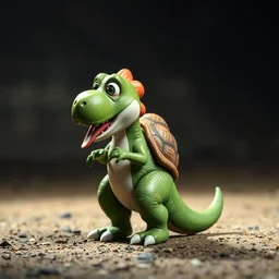 film still of yoshi in the new sci - fi movie, cute upright standing upright upright dinosaur standing on its hind legs with a small turtle shell and long tongue, 8 k
