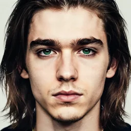 young man, long hair!!!!, short facial hair, dark green eyes, long eyelashes, dark eyebrows, light widows peak, light facial hair, in the style of banksy, in frame