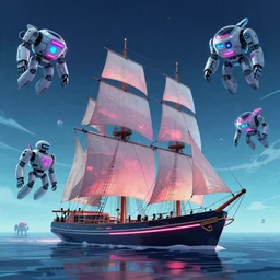 wide angle shot, Sailing boat in space, scifi robots, neon lights, james gurney, katsuhiro otomo, james paick, cinematic lighting, artstation, vibrant nature, anime style, Craig Mullins, Greg Rutkowski, Pete Morbacher, Tuomas Korpi, tekkon kinreet, volumetric light, artstation, , octane render, redshift render, low angle camera