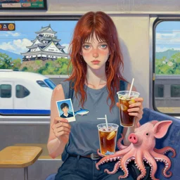 tall emo female artist holding small portraits and fish on a train, on shinkansen in japan, odawara station, odawara castle, summer, sweat, ice coffee, pigs, octopus, acrylic on canvas, surrealist, by magritte and monet