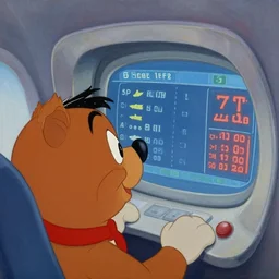 close up of anthropomorphic airplane watching a screen with flight information. painting by moebius, disney