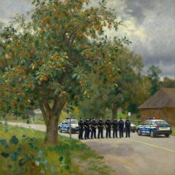 oil painting lanscape by anders zorn, nature, fruit trees, very very very very beautiful art, dramatic light, police arrests, police violence, police in street with police cars