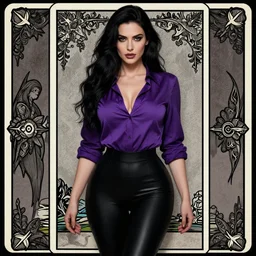 portrait of a sexy sorceress, purple shirt and black skintight leggins, posing, dark fantasy, sharp focus, award - winning, masterpiece, highly detailed, intricate, by rebecca guay, rossdraws, tarot card border