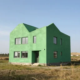 a brutalist architecture house painted in green. the house stands in a rural landscape