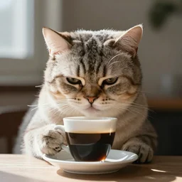 a grumpy cat drinking his morning coffee, morning light, photorealistic, photograph, 4 k, volumetric light