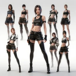 several cyberpunk female character designs , Kim Jung Gi, trending on Artstation, 8K, ultra wide angle, pincushion lens effect.