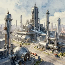 concept art of a industrial complex landscape, pinterest, artstation trending, behance, watercolor, by coby whitmore, silver, laser light,