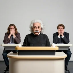 albert einstein behind a jeopardy podium, the other two contestants are exasperated, set photo