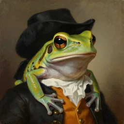 a head and shoulders portrait painting of an anthropomorphic!!!!!!!!!! amazon milk frog!!!!!!!!!! wearing a colonial outfit without a hat looking off camera, a character portrait, romanticism, oil on canvas, soft brush strokes
