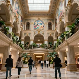low angle interior view of people walking around a luxurious beautiful opulent amazing indoor art museum, murals, courtyards, plants, bridges, multi - level, detailed, raytracing, gigapixel photo, 4 k