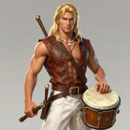 a male ranger, dnd, wearing a leather vest and white linen pants, chiseled good looks, long swept back blond hair, puka shell necklace, with a bongo drum and nunchucks, digital art