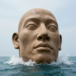 a massive clay sculpture of a surreal distorted human face on the ocean water, in the style of johnson tsang, inspired by the greatest sculptors, cinematic, hyper - realistic, very detailed, realistic water splashes, ray tracing, 8 k resolution, long - shot, sharp focus, low angle, 8 5 mm photograph, wide lens