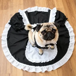 french maid uniform, instagram photo of a cute pug wearing a black maid uniform, canon eos r 3, f / 1. 4, iso 2 0 0, 1 / 1 6 0 s, 8 k, wide angle