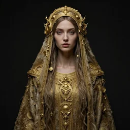 portrait of beautiful woman | full medium shot | front close - up | head on | dressed in long rags, mystical godess, ethereal, micro ornates of gold in your clothes, evil, voynich, artistically realistic, octane render, fine art, intrincate. by peter mohrbacher, marc simonetti and anna podedworna