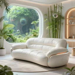 a futuristic cozy leather couch in a futuristic cozy white bedroom from oblivion movie, by wlop by jungyeonmin and james jean jhonseru jsezz artstation and greg rutkowski, with some bamboo wood and neon light details, biomechanical details, lens orbs, global illumination, with a window overlooking a lush green alien planet, lounge, architectural, volumetric lighting, granular detail, japandi, hyperrealist, uninhabited, micro details, blender, vray