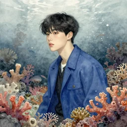 harmony blue jacket, black haired yoongi, under water, colorful coral, muted colors, watercolor by wlop, james jean, victo ngai, muted colors, highly detailed, fantasy art by craig mullins, thomas kinkade