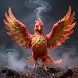 a newborn full framed phoenix bird in front of a shroud of smoke facing forward, rising slowly from the ashes, 4 k, octane rendered