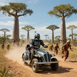 mandalorian driving through madagascar with baobabs trees, tribe members chasing for an attach, action scene, an epic fantasy, artgerm and greg rutkowski and alphonse mucha, an epic fantasy, volumetric light, detailed, establishing shot, an epic fantasy, cinematic, photorealistic, ultrarealistic, trending on art station, octane render, midsommar