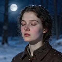 beautiful woman with her eyes closed, close - up face, walking in the forest at night. winter. snow full moon. folk horror. hyper detailed. soviet propaganda socialist realism