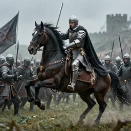 cinematic still of King Arthur going to battle on his magestic horse and wielding Excalibur as he charges the enemy, raining, 4k, masterpiece, by Greg Rutkowski, Trending on Artstation