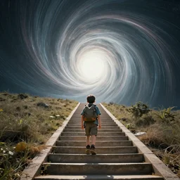 A young adventurer going up a staircase leading to an abstract vortex that bends time and space