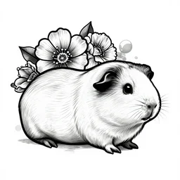 detailed tattoo stencil bold lines, flowers side of guinea pig