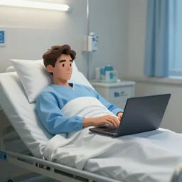 man working on his laptop on his deathbed alone in the hospital, digital art n - 4