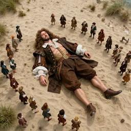 drone photograph of the gigantic muscular body of gulliver, a young man from the early 1 7 th century, lies unconscious on a lilliputian beach, surrounded by thousands of tiny lilliputians wearing strange clothes. gulliver is dressed in early 1 7 th century male clothing designed in the style of sandy powell. hyperreal and cinematic, photorealistic, gulliver ’ s travels