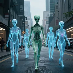 alien city with holographic people walking, hyper realistic
