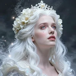 jennifer garner, a colorful and vibrant majestic white queen open wide eyes drops a tear with flowers on her hair, glowing light orbs, intricate concept art, elegant, digital painting, smooth, sharp focus, ethereal opalescent mist, outrun, vaporware, cyberpunk darksynth, ethereal, ominous, misty, 8 k, by ruan jia and miho hirano, 8 k, rendered in octane