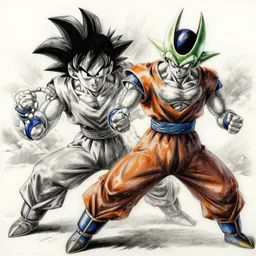 a very detailed and hyper realistic charcoal drawing of goku fighting cell