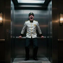 horrifying full color photorealistic image an hotel elevator lobby, with a screaming bellhop embedded in the wall, dark, atmospheric, brooding, smooth, finely detailed, cinematic, epic, in the style of lee gibbons