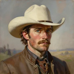 portrait illustration of a man, cowboy hat, portrait, , wild west, fantasy, highly detailed, oil painting, illustration, art by Charles E. Chambers, J. C. Leyendecker and norman rockwell. Trending face portrait paintings