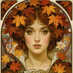 realistic detailed face portrait of a beautiful young medieval queen of Autumn Maple trees by Alphonse Mucha, Ayami Kojima, Amano, Greg Hildebrandt, and Mark Brooks, Art Nouveau, Neo-Gothic, gothic, deep rich colors
