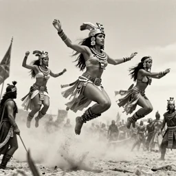 movie, ancient Battlefield, beautiful aztec warrior females fight in air, epic, vintage, black and white, Boris vallejo, sepia, apocalypto