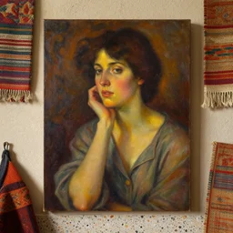 portrait in femininity, thoughtful face, warm glow, cozy room bathed in light, captured memory, recollection, impressionism, woven textiles, stucco wall, radiosity, pj crook, terrazzo, craftsman, alphonse mucha, livia prima, artgerm, greg rutkowski, nick alm, casey baugh, deep color, oil on canvas