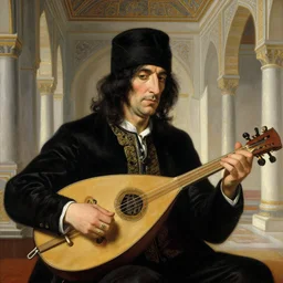detailed portrait of slash playing the oud in the ottoman palace by rudolf ernst, john frederick lewis, jean - leon gerome, rudolf weisse, david roberts, charles theodore frere, alfred dehodencq, orientalism