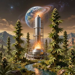 hadron antimatter vacuum reactor laboratory, realistic massive cannabis trees with cannabis leaves, mountains, river, landscape, photo, concept art, universe in the sky, cinematic lighting, 4k, wide angle, warm tones, Earth,