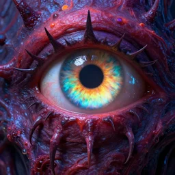 photorealistic eye monster in the style of michael whelan. hyperdetailed photorealism, 1 0 8 megapixels, amazing depth, high resolution, 3 d shading, 3 d finalrender, 3 d cinematic lighting, glowing rich colors, psychedelic overtones, artstation concept art.