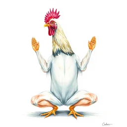 a chicken doing yoga, colored pencil painting, extremely detailed, sharp focus, centered