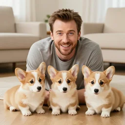 chris evans surrounded by corgi puppies, smiling, living room floor, cozy, 3 5 mm, f / 8, flash photography, snapshot