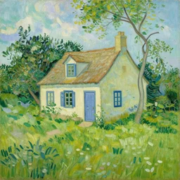 A painting of a beautiful cottage, with a lush grass lawn, featuring a tree in the style of Vincent Van Gogh