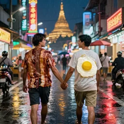 a bacon man and fried egg man hold hands, the streets of myanmar, night time, neon lights, raining, romantic, ultra realistic, 4k, art station, unreal engine