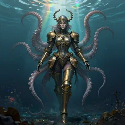 photorealistic soft paint underwater render of a curiosities carnival single female in a full steampunk armor, multiples very long tentacles, partial symmetry accurate features, ominous depths, elegance, refractions, reflections, focus, rainbow lighting, very high details, award winning masterpiece, octane, artstation, squids, by tom bagshaw